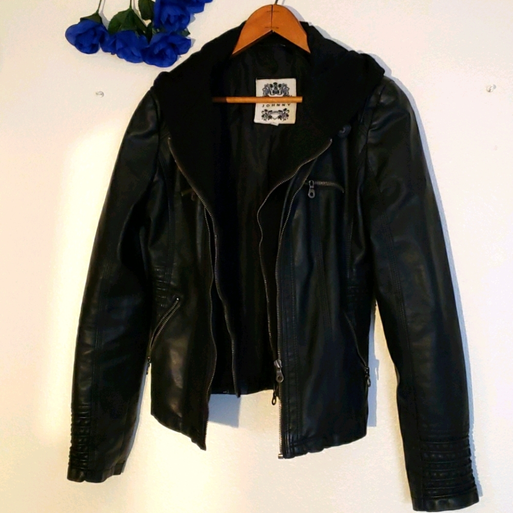 Black faux leather coat w/ detachable hood.